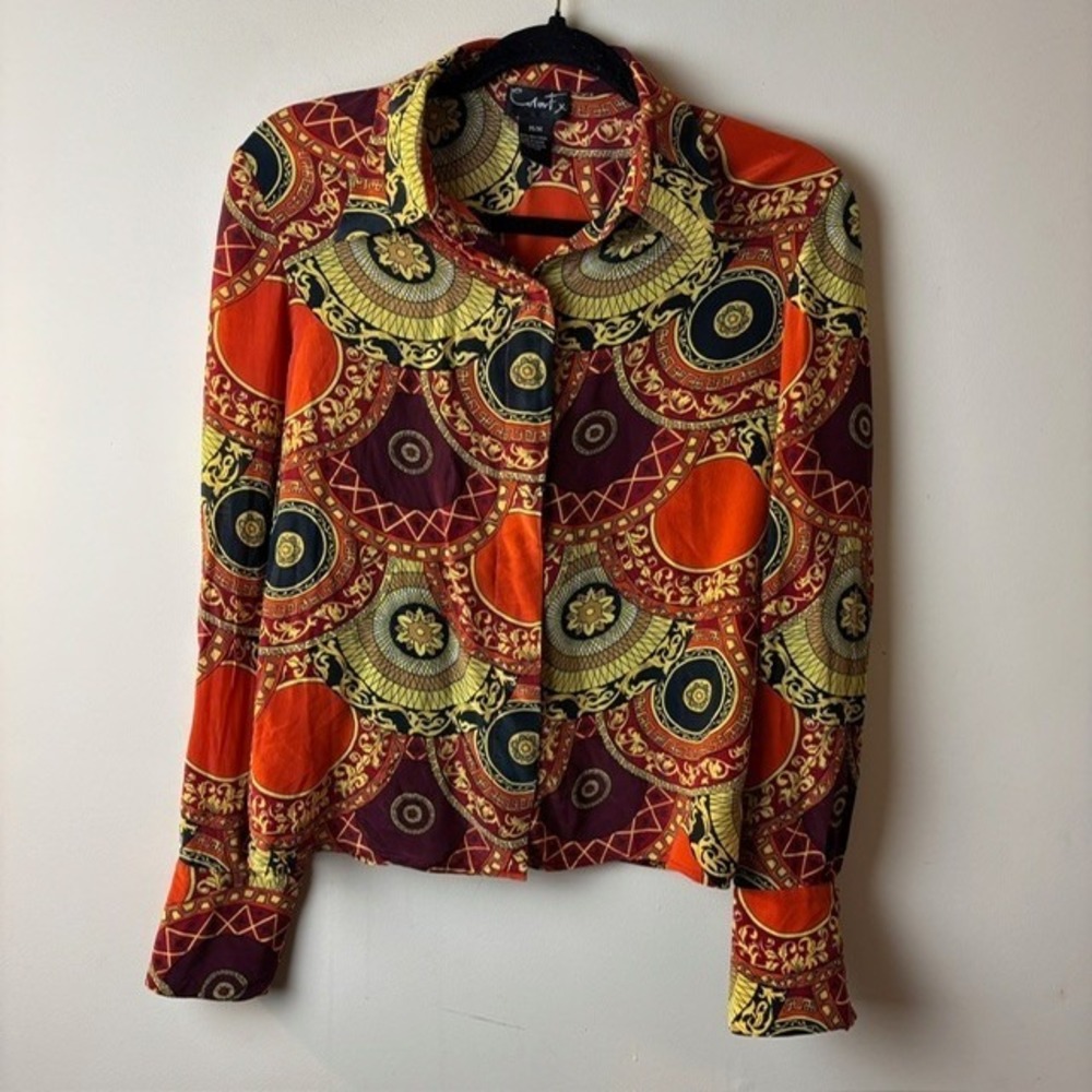 Vintage 90's Womens M Color FX Button Up Collared Blouse Top Groovy Orange Silk